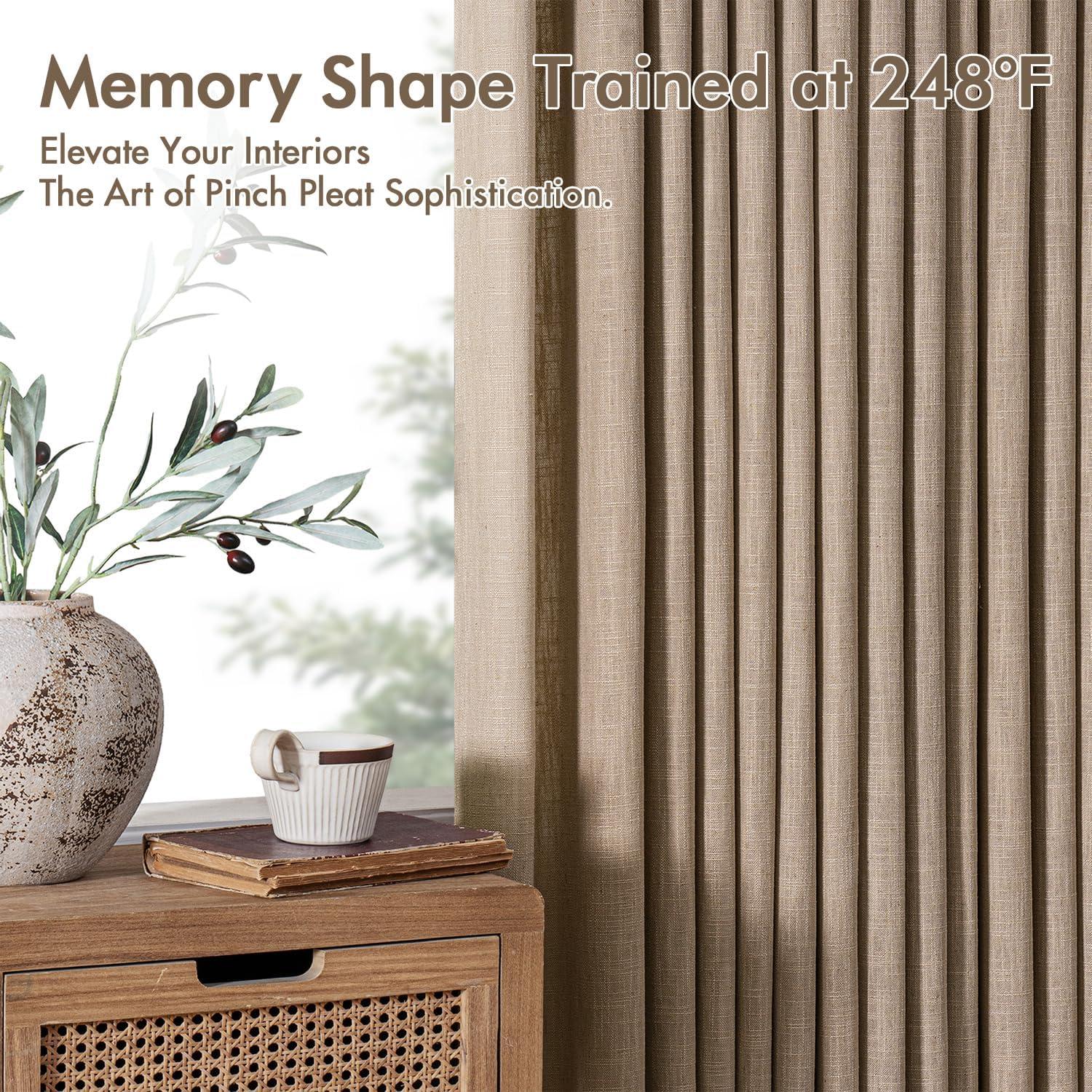 imageMIULEE Pinch Pleated Thick Linen Curtains 96 Inches Long 2 Panels for Living Room Bedroom Memory Trained Pleat Drapes Light Filtering Nautral Birch Semi Sheer Window Curtains Hooks Rings Back TabLinen Brown