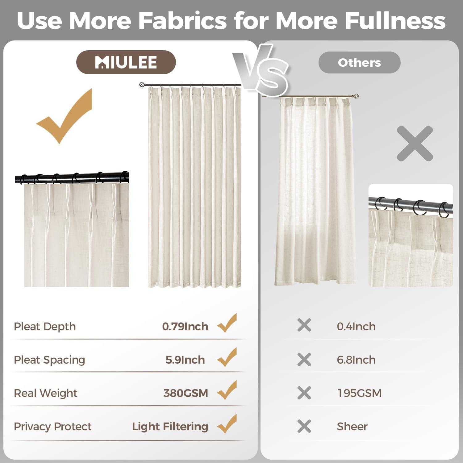 imageMIULEE Pinch Pleated Thick Linen Curtains 96 Inches Long 2 Panels for Living Room Bedroom Memory Trained Pleat Drapes Light Filtering Nautral Birch Semi Sheer Window Curtains Hooks Rings Back TabBeige White