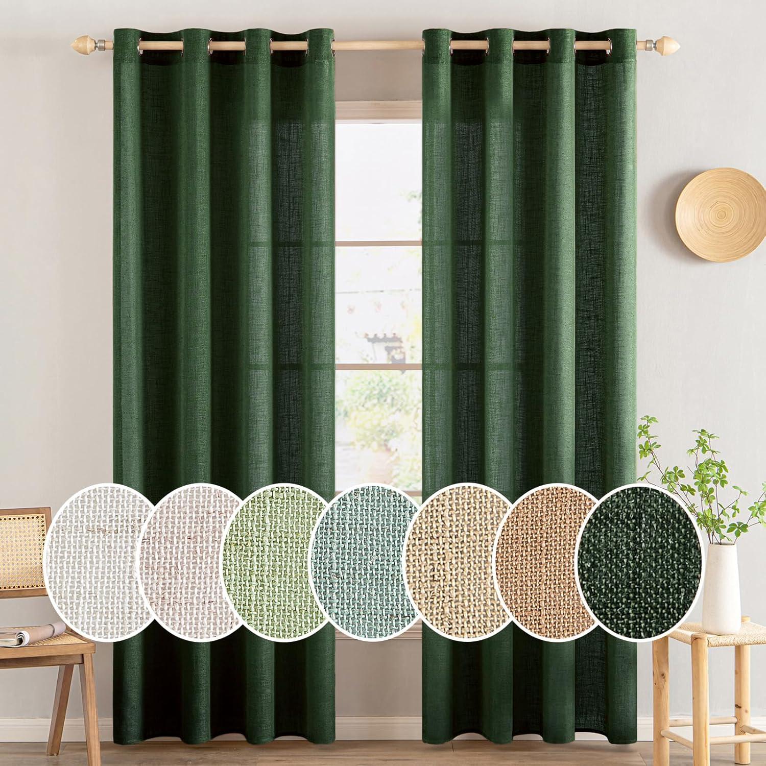 imageMIULEE Sage Green Linen Curtains 84 Inch Length 2 Panels Set for Bedroom Living Room Soft Thick Linen Textured Window Drapes Semi Sheer Light Filtering Grommet Top Burlap Look Farmhouse DecorEmerald Green
