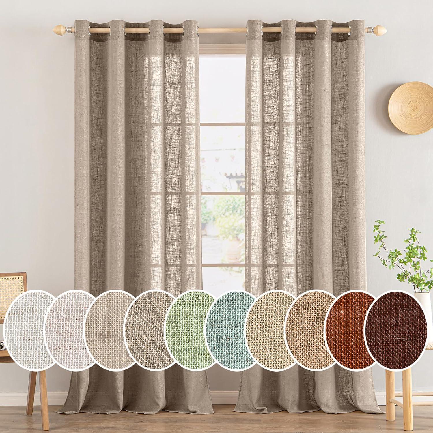 imageMIULEE Sage Green Linen Curtains 84 Inch Length 2 Panels Set for Bedroom Living Room Soft Thick Linen Textured Window Drapes Semi Sheer Light Filtering Grommet Top Burlap Look Farmhouse DecorTaupe