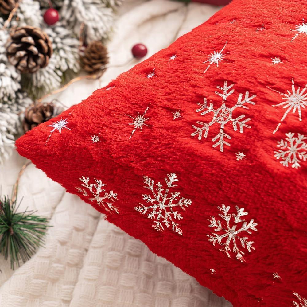 imageMIULEE Set of 2 Christmas Decorative Throw Pillow Covers Soft Faux Fur Winter Pillow Covers with Silver Snowflake Glitter Holiday Festival Pillowcases for Couch Sofa Bed 1818inch RedRed