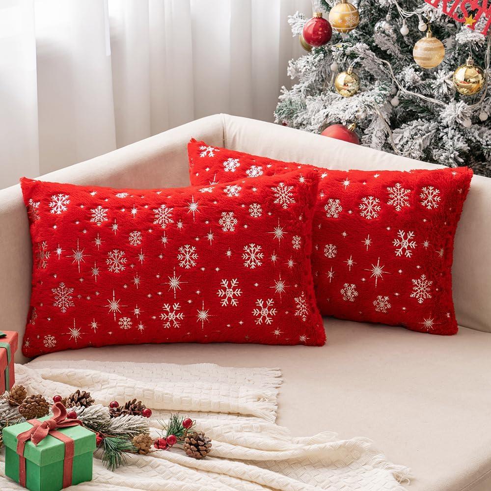 imageMIULEE Set of 2 Christmas Decorative Throw Pillow Covers Soft Faux Fur Winter Pillow Covers with Silver Snowflake Glitter Holiday Festival Pillowcases for Couch Sofa Bed 1818inch RedRed