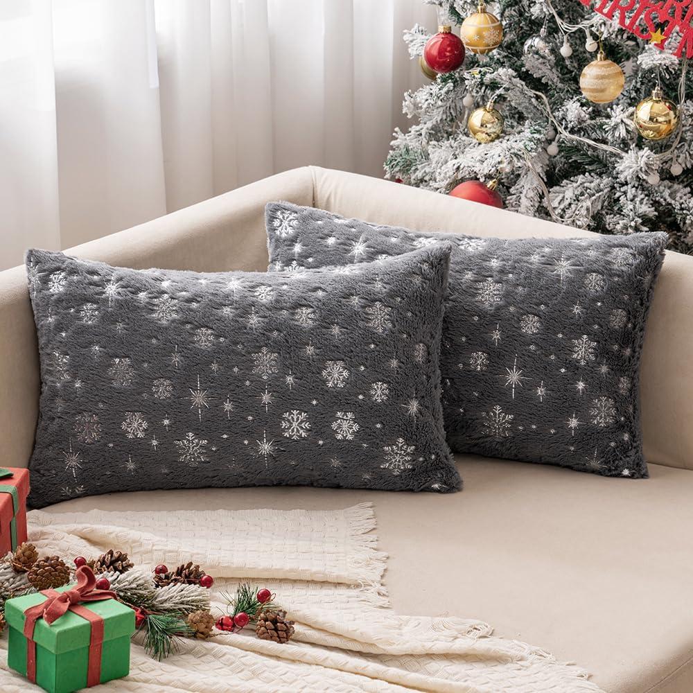 imageMIULEE Set of 2 Christmas Decorative Throw Pillow Covers Soft Faux Fur Winter Pillow Covers with Silver Snowflake Glitter Holiday Festival Pillowcases for Couch Sofa Bed 1818inch RedGrey