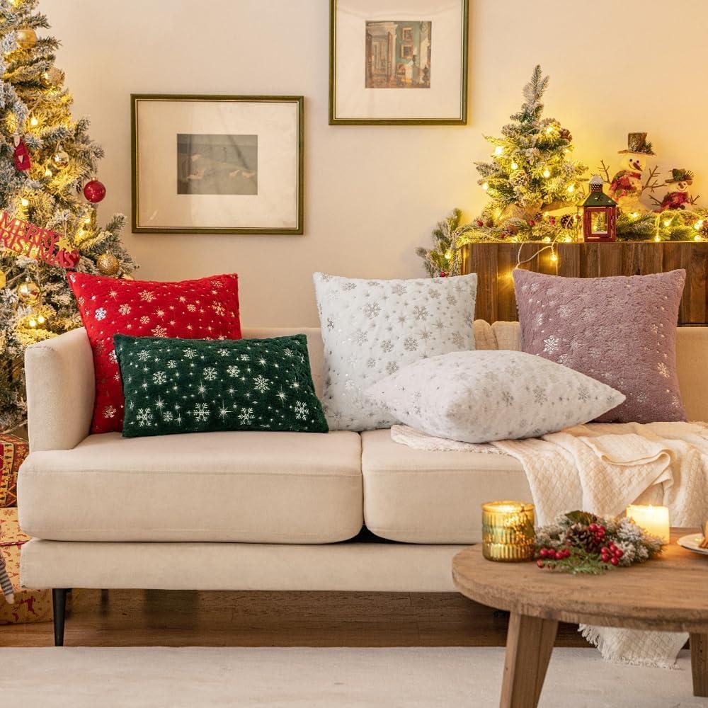 imageMIULEE Set of 2 Christmas Decorative Throw Pillow Covers Soft Faux Fur Winter Pillow Covers with Silver Snowflake Glitter Holiday Festival Pillowcases for Couch Sofa Bed 1818inch RedDark Green