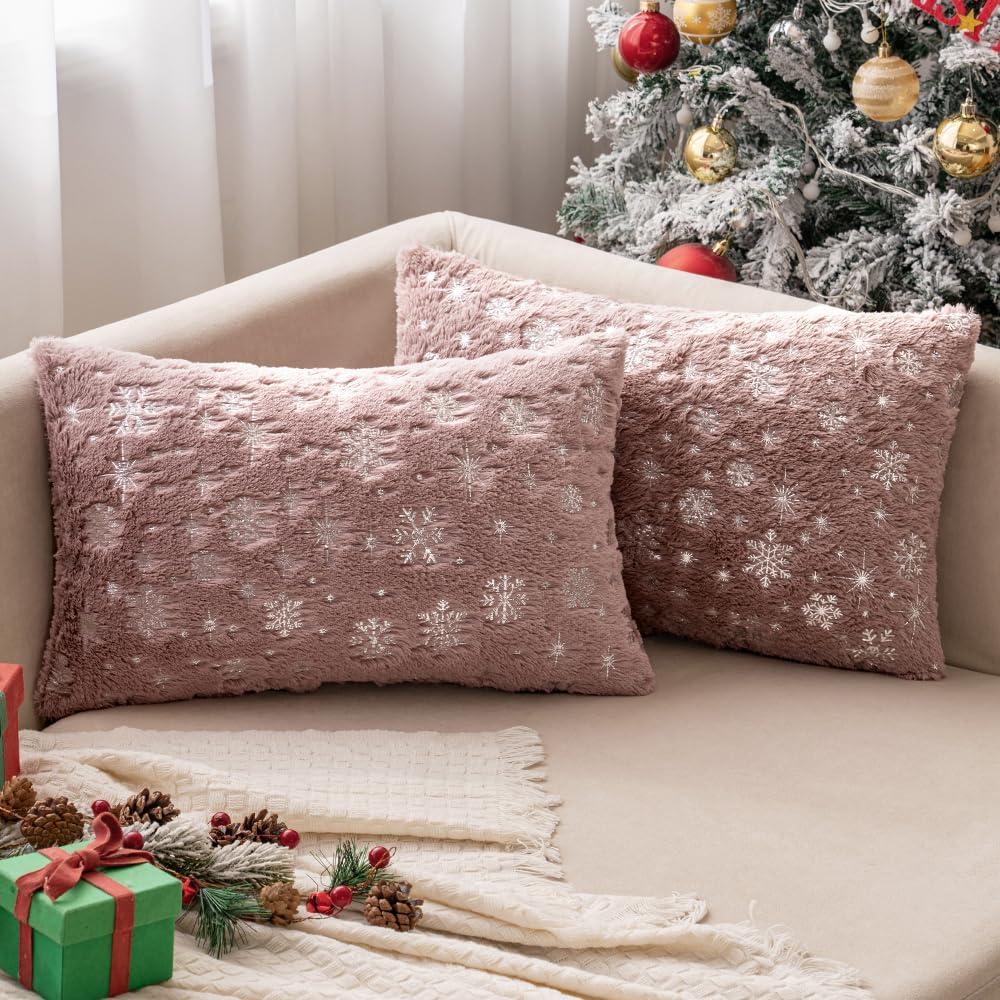 imageMIULEE Set of 2 Christmas Decorative Throw Pillow Covers Soft Faux Fur Winter Pillow Covers with Silver Snowflake Glitter Holiday Festival Pillowcases for Couch Sofa Bed 1818inch RedHeather Pink