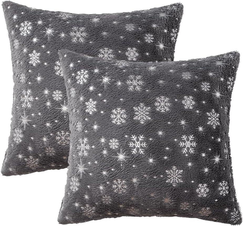 imageMIULEE Set of 2 Christmas Decorative Throw Pillow Covers Soft Faux Fur Winter Pillow Covers with Silver Snowflake Glitter Holiday Festival Pillowcases for Couch Sofa Bed 1818inch RedGrey