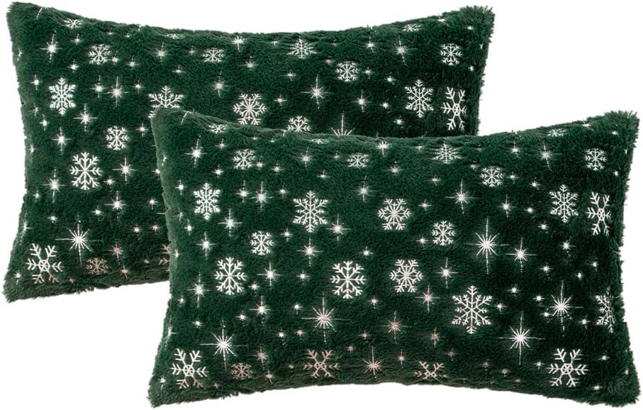 imageMIULEE Set of 2 Christmas Decorative Throw Pillow Covers Soft Faux Fur Winter Pillow Covers with Silver Snowflake Glitter Holiday Festival Pillowcases for Couch Sofa Bed 1818inch RedDark Green