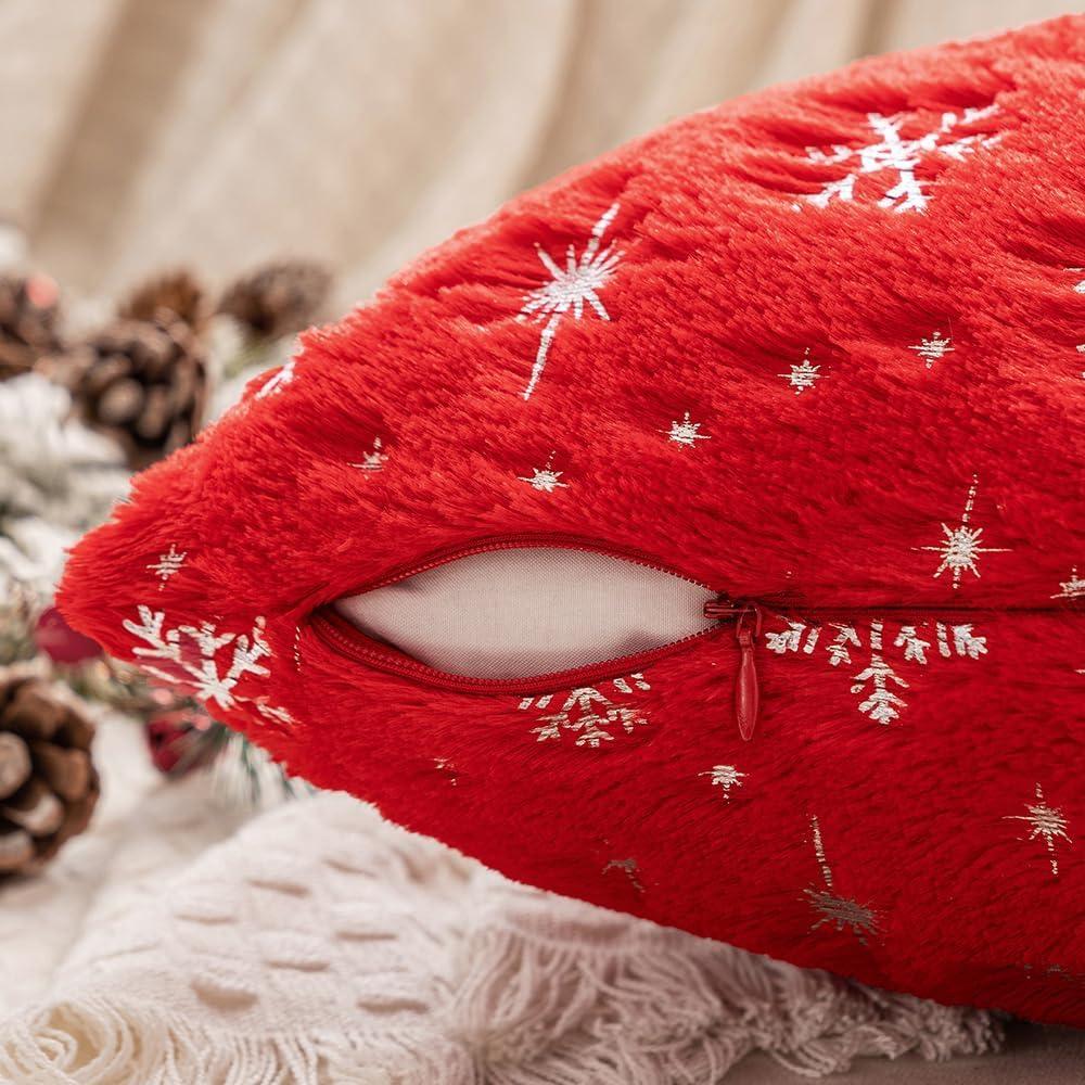imageMIULEE Set of 2 Christmas Decorative Throw Pillow Covers Soft Faux Fur Winter Pillow Covers with Silver Snowflake Glitter Holiday Festival Pillowcases for Couch Sofa Bed 1818inch RedRed