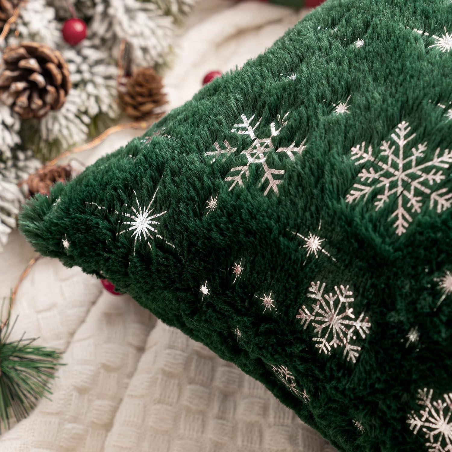 imageMIULEE Set of 2 Christmas Decorative Throw Pillow Covers Soft Faux Fur Winter Pillow Covers with Silver Snowflake Glitter Holiday Festival Pillowcases for Couch Sofa Bed 1818inch RedDark Green