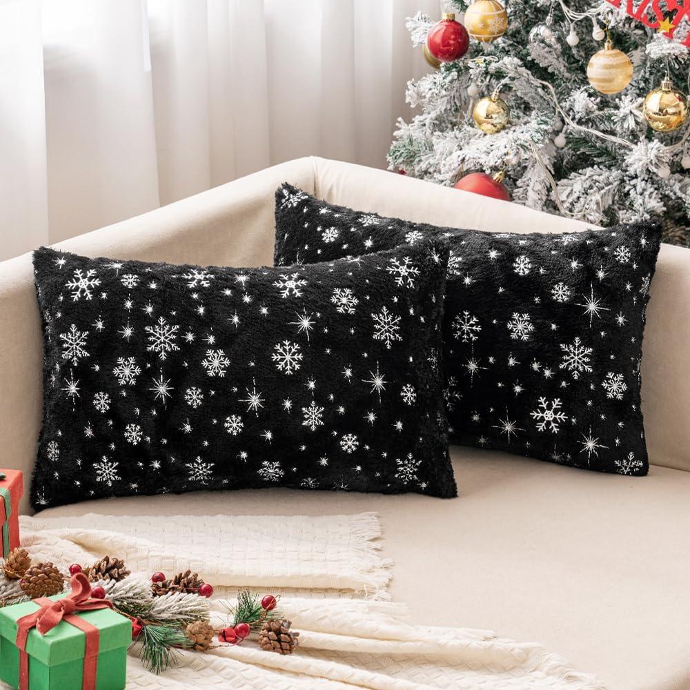 imageMIULEE Set of 2 Christmas Decorative Throw Pillow Covers Soft Faux Fur Winter Pillow Covers with Silver Snowflake Glitter Holiday Festival Pillowcases for Couch Sofa Bed 1818inch RedBlack