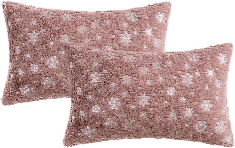 imageMIULEE Set of 2 Christmas Decorative Throw Pillow Covers Soft Faux Fur Winter Pillow Covers with Silver Snowflake Glitter Holiday Festival Pillowcases for Couch Sofa Bed 1818inch RedHeather Pink