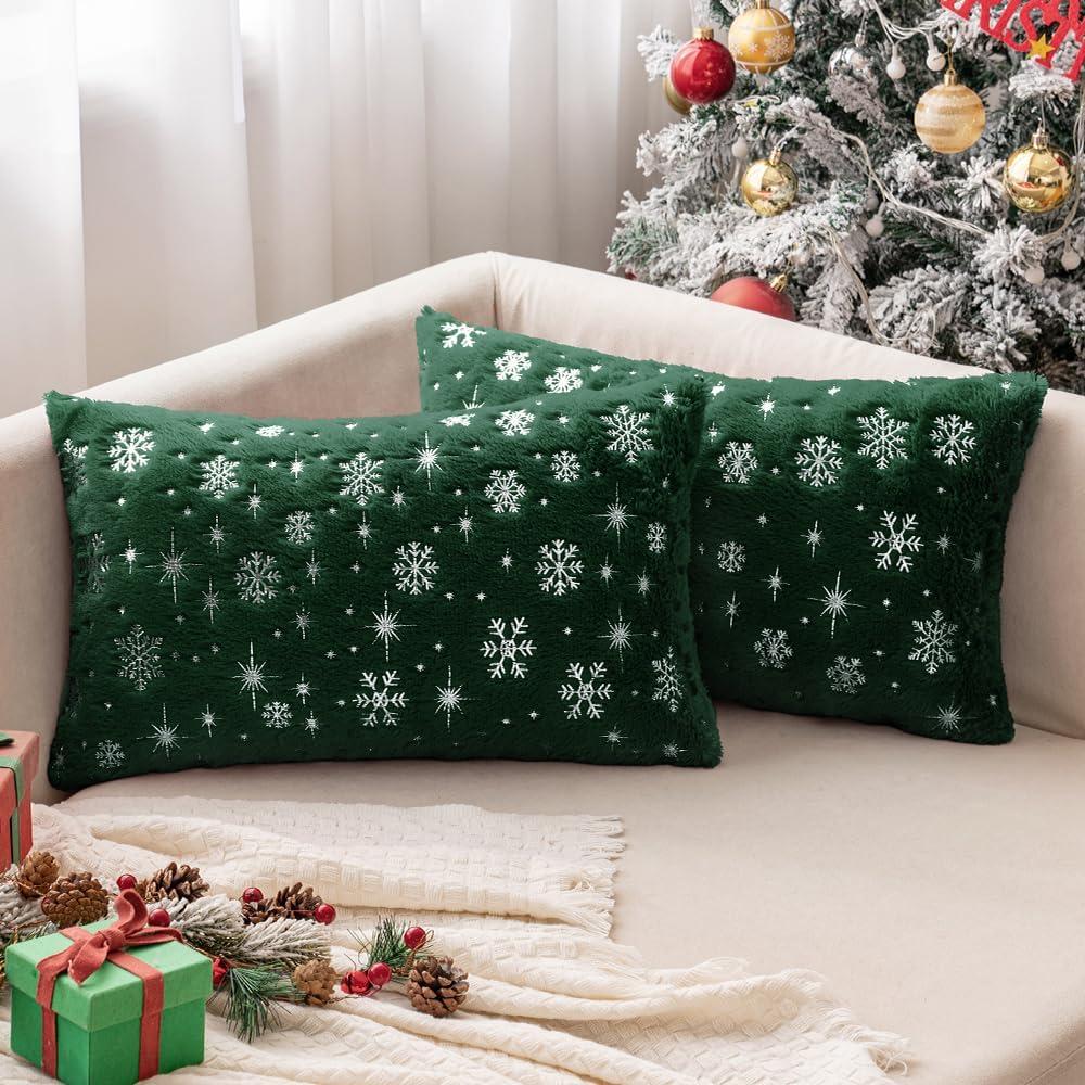imageMIULEE Set of 2 Christmas Decorative Throw Pillow Covers Soft Faux Fur Winter Pillow Covers with Silver Snowflake Glitter Holiday Festival Pillowcases for Couch Sofa Bed 1818inch RedDark Green