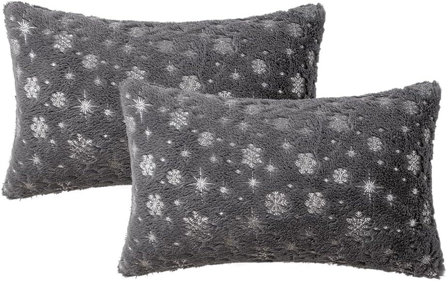 imageMIULEE Set of 2 Christmas Decorative Throw Pillow Covers Soft Faux Fur Winter Pillow Covers with Silver Snowflake Glitter Holiday Festival Pillowcases for Couch Sofa Bed 1818inch RedGrey