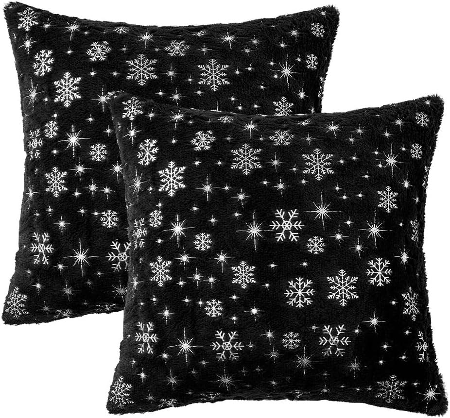 imageMIULEE Set of 2 Christmas Decorative Throw Pillow Covers Soft Faux Fur Winter Pillow Covers with Silver Snowflake Glitter Holiday Festival Pillowcases for Couch Sofa Bed 1818inch RedBlack