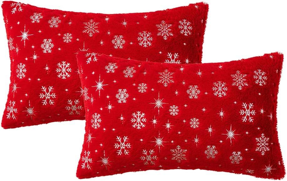 imageMIULEE Set of 2 Christmas Decorative Throw Pillow Covers Soft Faux Fur Winter Pillow Covers with Silver Snowflake Glitter Holiday Festival Pillowcases for Couch Sofa Bed 1818inch RedRed
