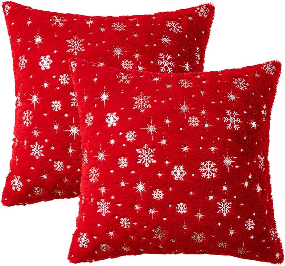 imageMIULEE Set of 2 Christmas Decorative Throw Pillow Covers Soft Faux Fur Winter Pillow Covers with Silver Snowflake Glitter Holiday Festival Pillowcases for Couch Sofa Bed 1818inch RedRed