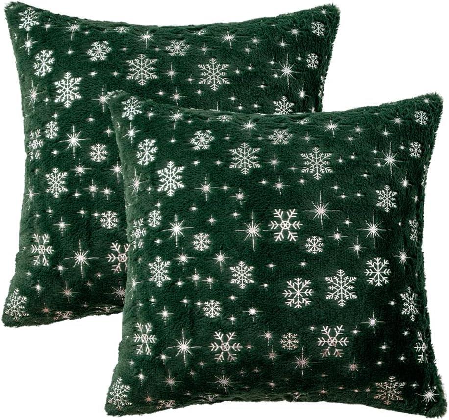 imageMIULEE Set of 2 Christmas Decorative Throw Pillow Covers Soft Faux Fur Winter Pillow Covers with Silver Snowflake Glitter Holiday Festival Pillowcases for Couch Sofa Bed 1818inch RedDark Green