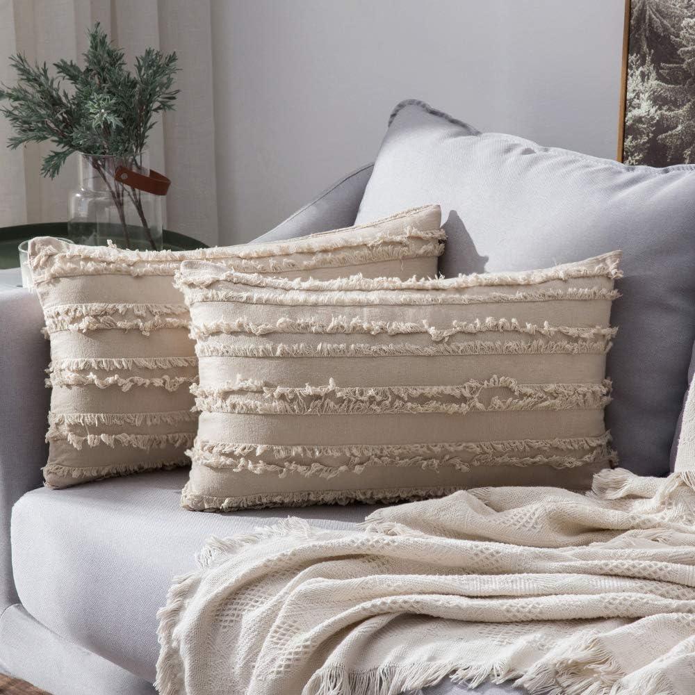 imageMIULEE Set of 2 Decorative Boho Throw Pillow Covers Linen Striped Jacquard Pattern Cushion Covers for Sofa Couch Living Room Bedroom 18x18 Inch RedBeige