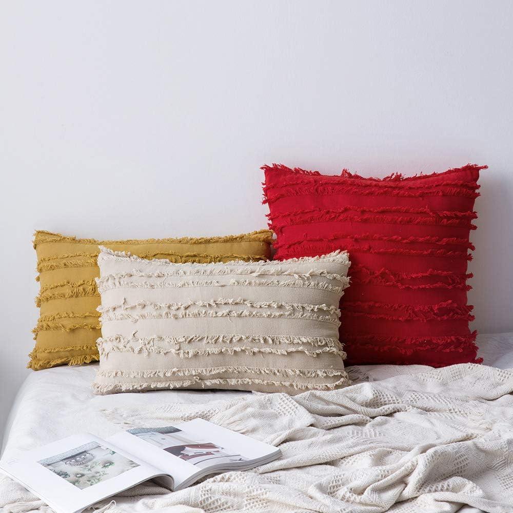 imageMIULEE Set of 2 Decorative Boho Throw Pillow Covers Linen Striped Jacquard Pattern Cushion Covers for Sofa Couch Living Room Bedroom 18x18 Inch RedBeige