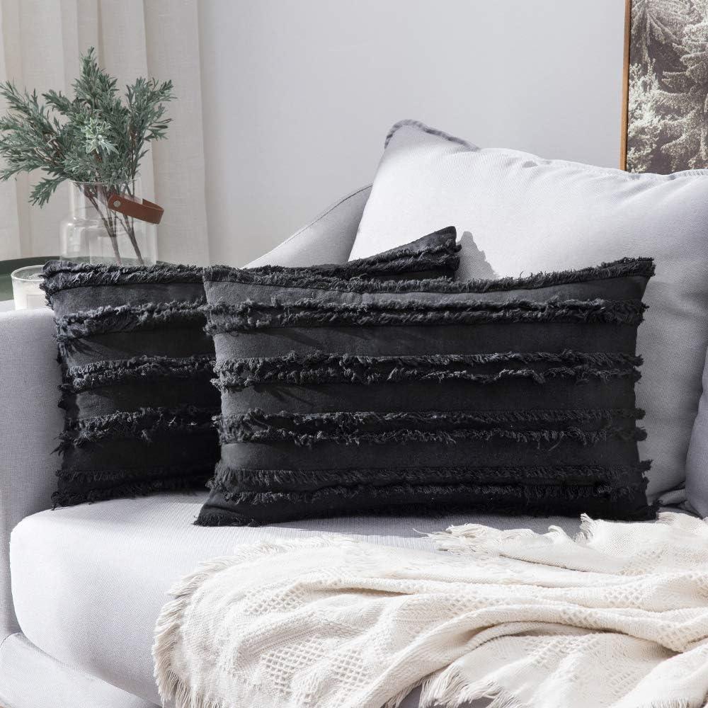 imageMIULEE Set of 2 Decorative Boho Throw Pillow Covers Linen Striped Jacquard Pattern Cushion Covers for Sofa Couch Living Room Bedroom 18x18 Inch RedBlack