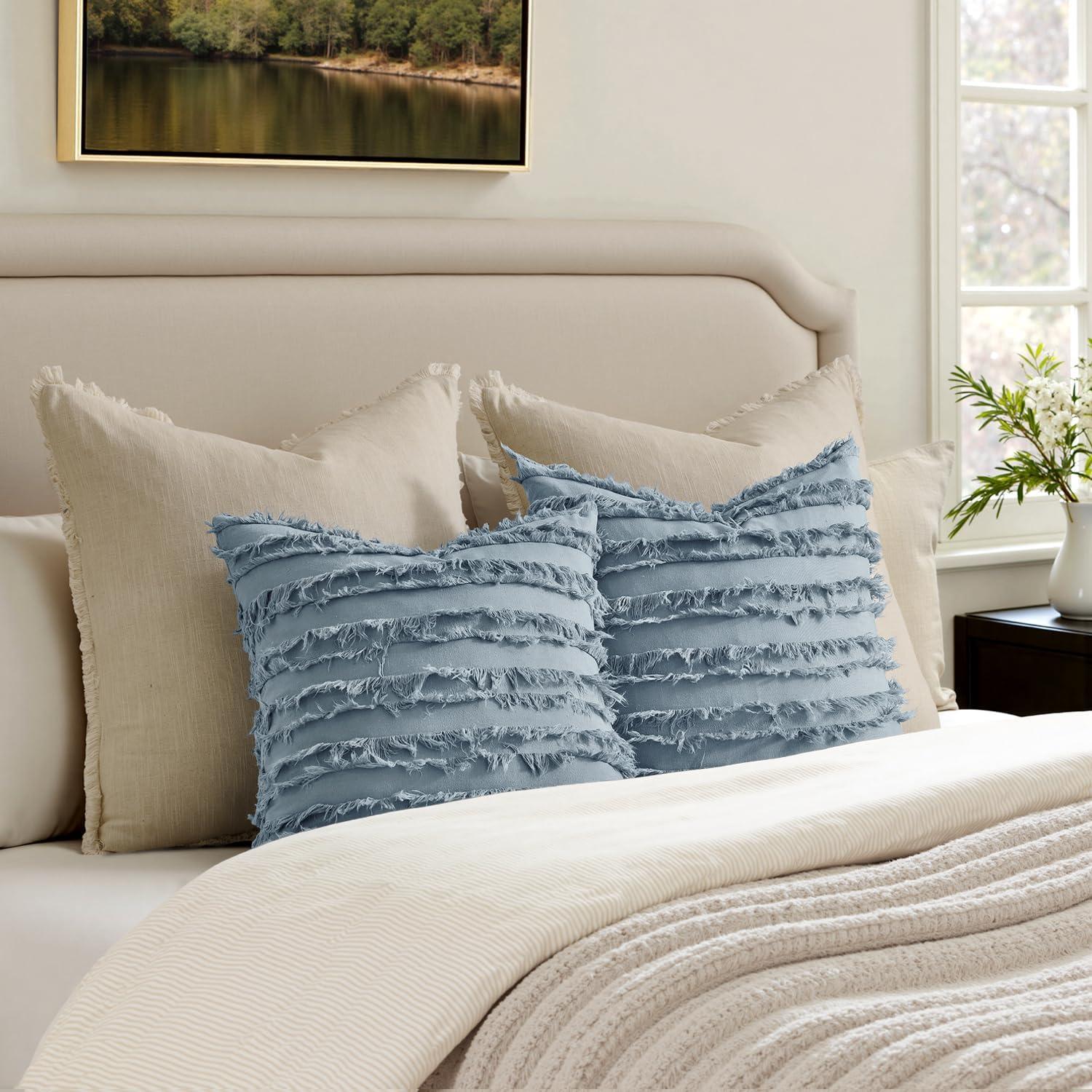 imageMIULEE Set of 2 Decorative Boho Throw Pillow Covers Linen Striped Jacquard Pattern Cushion Covers for Sofa Couch Living Room Bedroom 18x18 Inch RedBlue Grey
