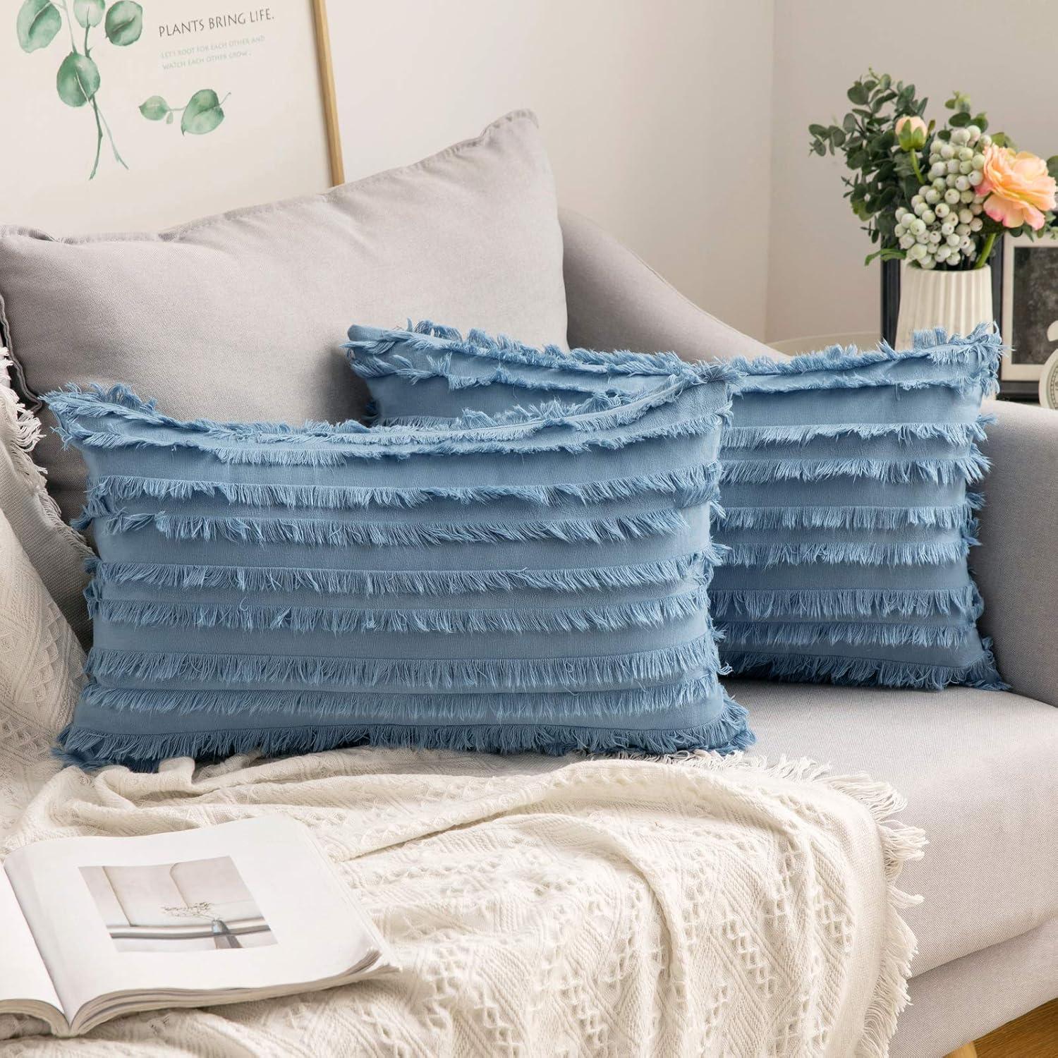 imageMIULEE Set of 2 Decorative Boho Throw Pillow Covers Linen Striped Jacquard Pattern Cushion Covers for Sofa Couch Living Room Bedroom 18x18 Inch RedBlue