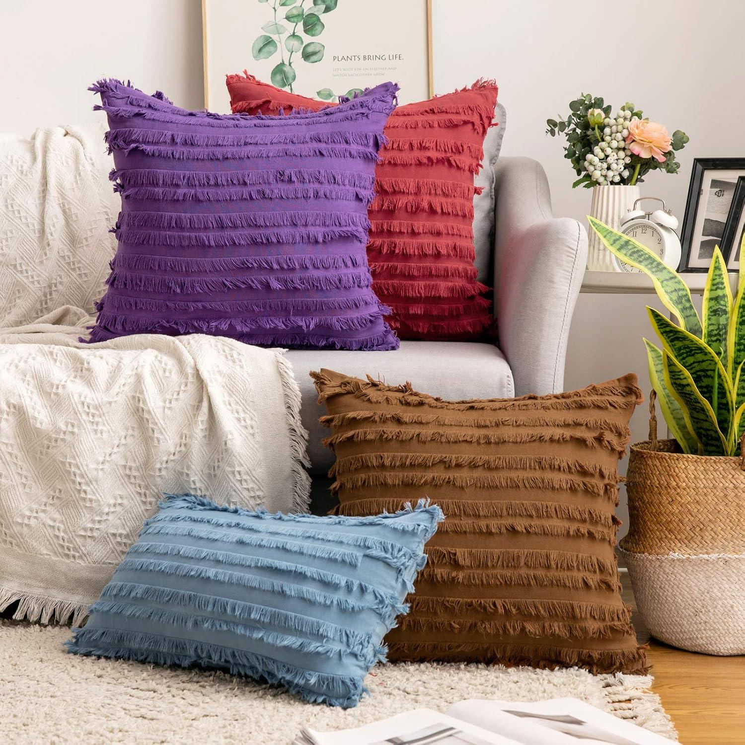 imageMIULEE Set of 2 Decorative Boho Throw Pillow Covers Linen Striped Jacquard Pattern Cushion Covers for Sofa Couch Living Room Bedroom 18x18 Inch RedBlue