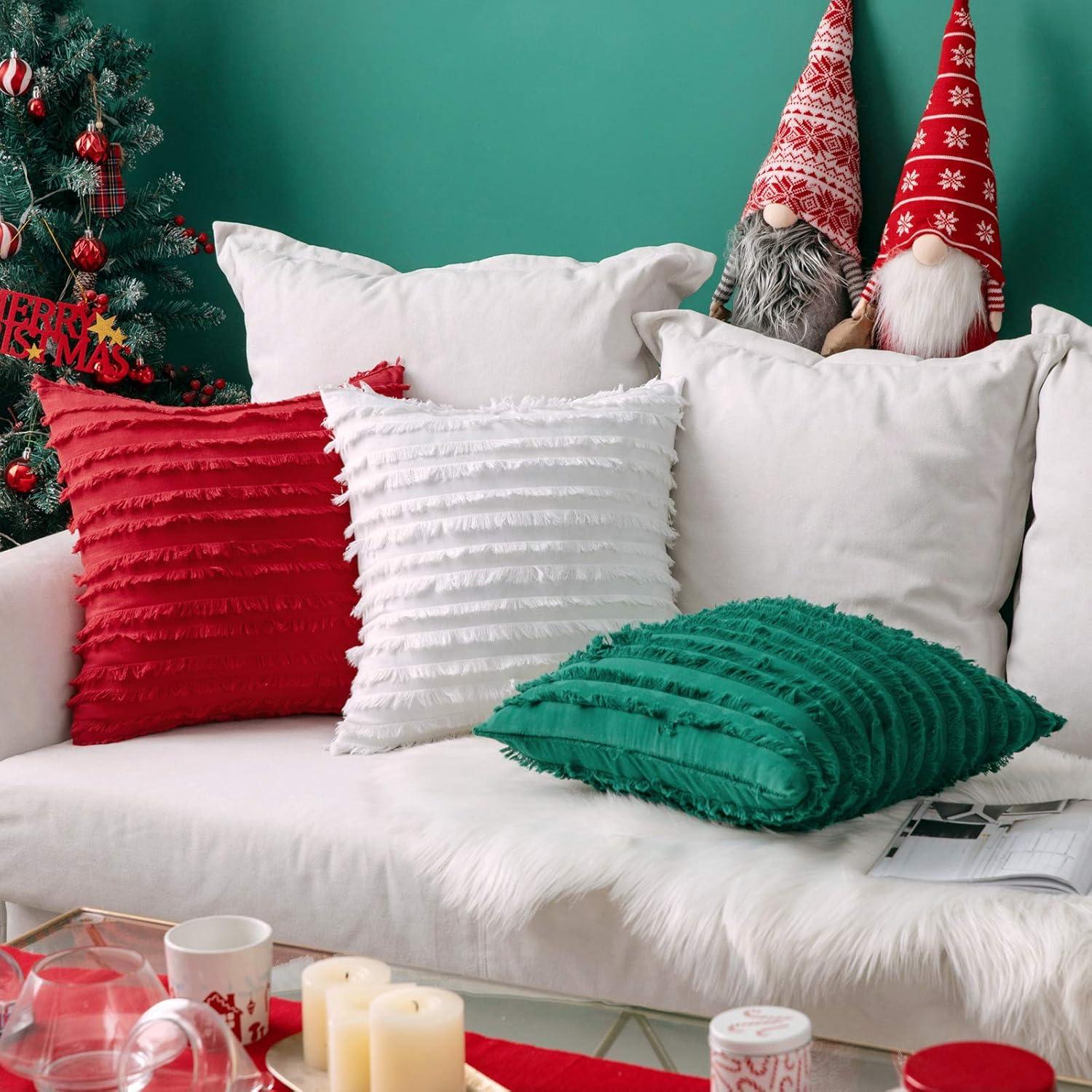 imageMIULEE Set of 2 Decorative Boho Throw Pillow Covers Linen Striped Jacquard Pattern Cushion Covers for Sofa Couch Living Room Bedroom 18x18 Inch RedChristmas Green