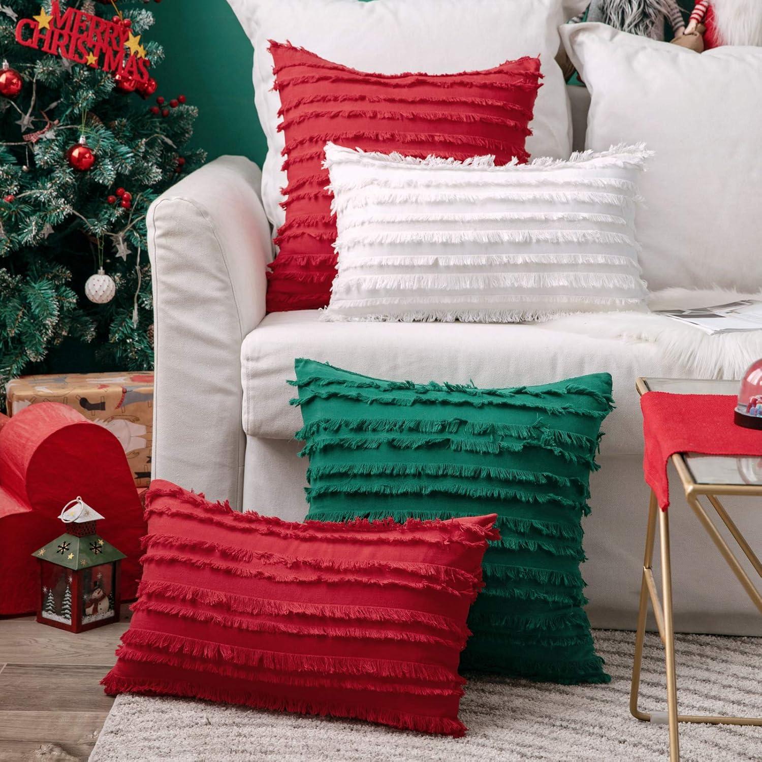 imageMIULEE Set of 2 Decorative Boho Throw Pillow Covers Linen Striped Jacquard Pattern Cushion Covers for Sofa Couch Living Room Bedroom 18x18 Inch RedChristmas Green