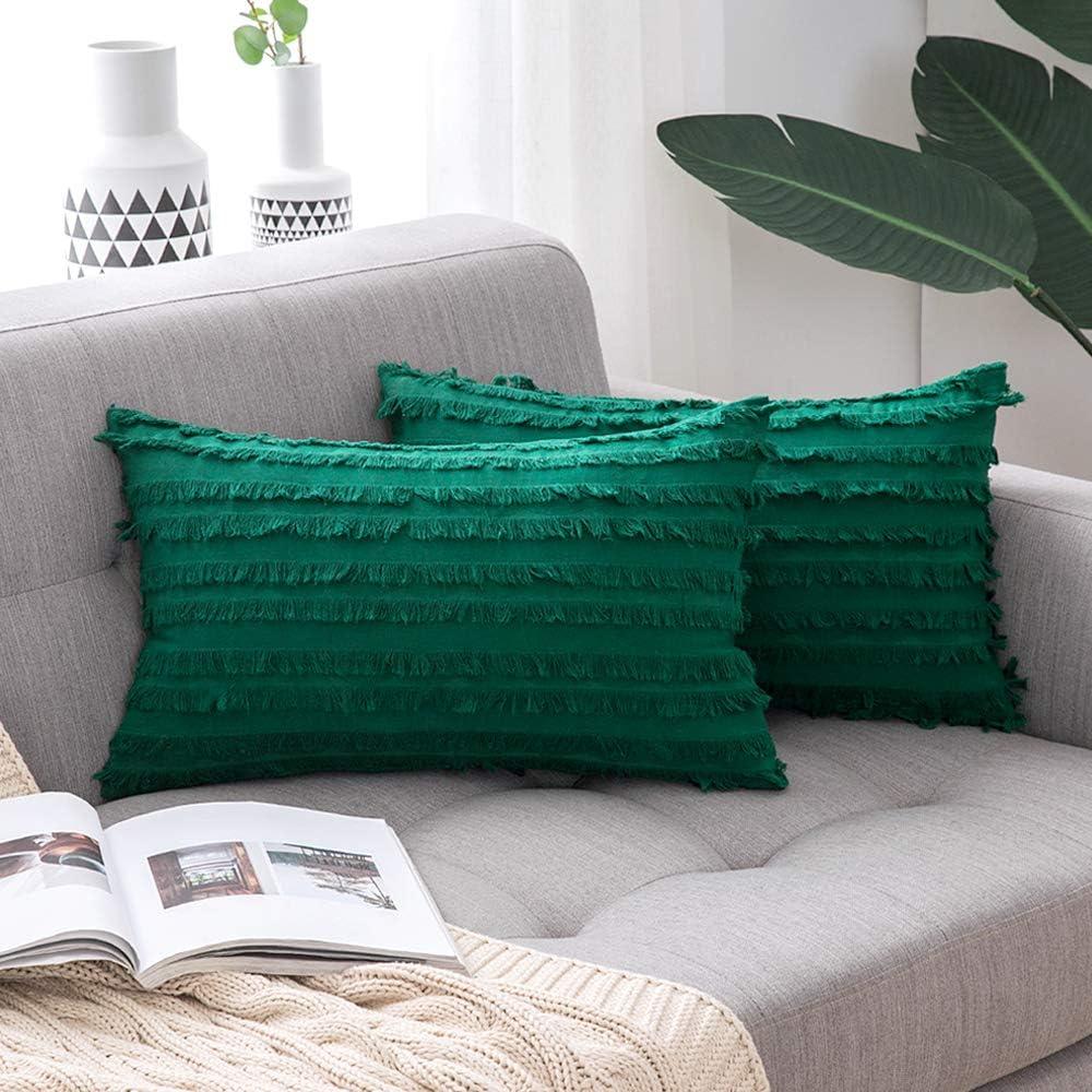 imageMIULEE Set of 2 Decorative Boho Throw Pillow Covers Linen Striped Jacquard Pattern Cushion Covers for Sofa Couch Living Room Bedroom 18x18 Inch RedChristmas Green