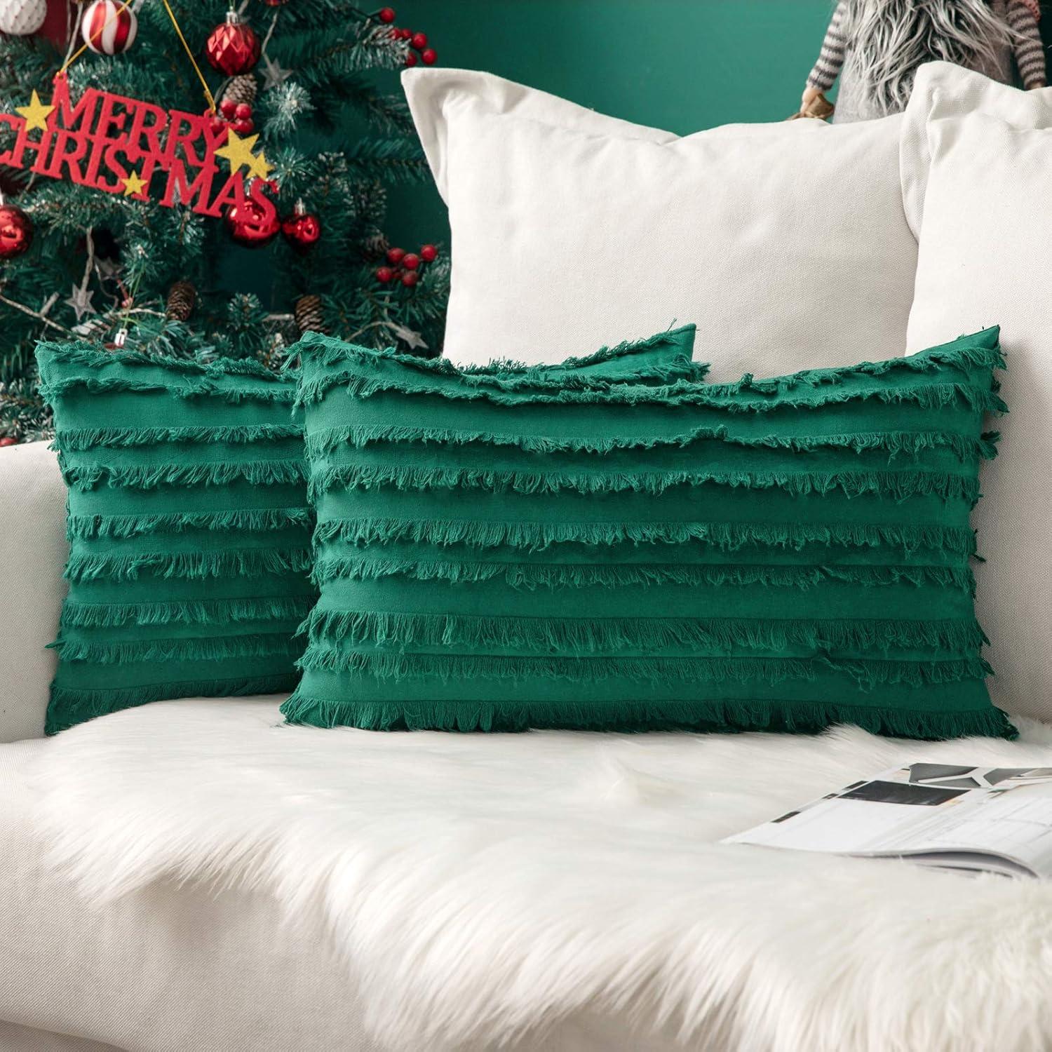 imageMIULEE Set of 2 Decorative Boho Throw Pillow Covers Linen Striped Jacquard Pattern Cushion Covers for Sofa Couch Living Room Bedroom 18x18 Inch RedChristmas Green