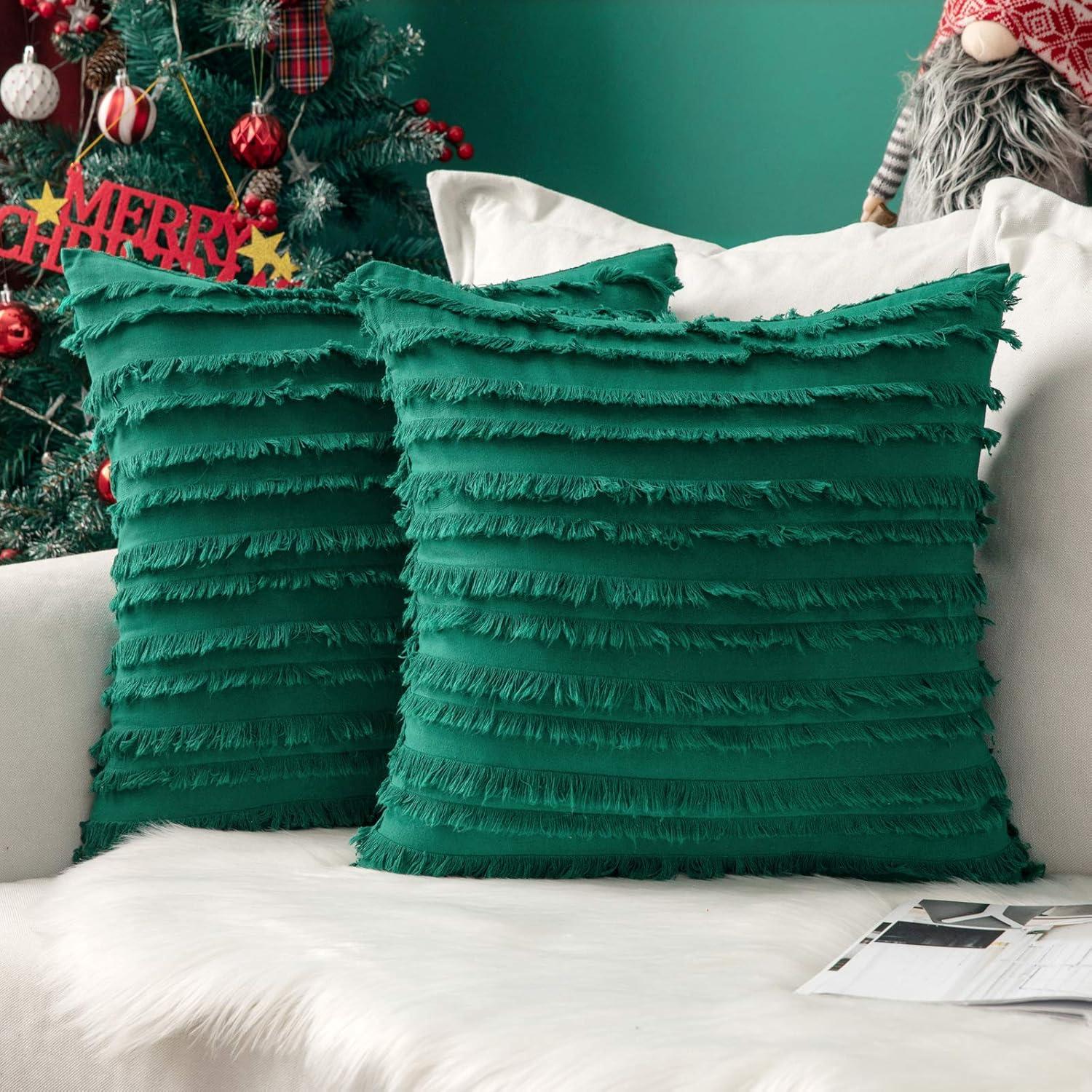 imageMIULEE Set of 2 Decorative Boho Throw Pillow Covers Linen Striped Jacquard Pattern Cushion Covers for Sofa Couch Living Room Bedroom 18x18 Inch RedChristmas Green