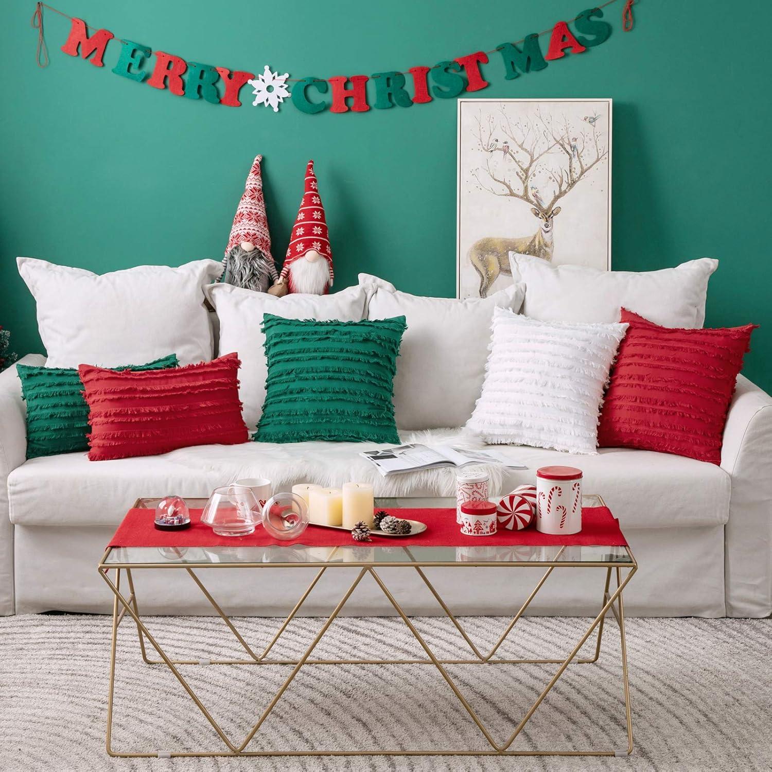 imageMIULEE Set of 2 Decorative Boho Throw Pillow Covers Linen Striped Jacquard Pattern Cushion Covers for Sofa Couch Living Room Bedroom 18x18 Inch RedChristmas Green