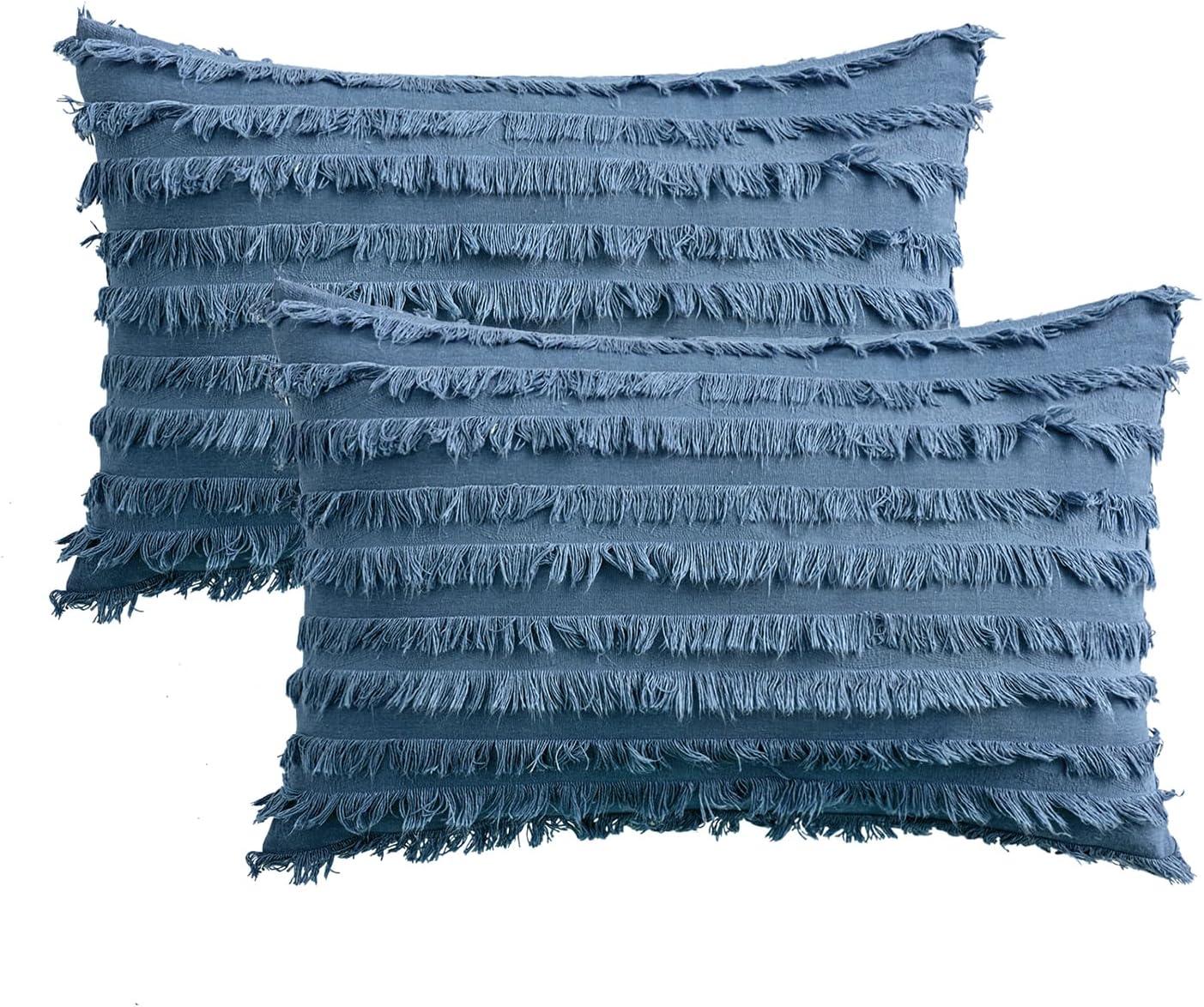 imageMIULEE Set of 2 Decorative Boho Throw Pillow Covers Linen Striped Jacquard Pattern Cushion Covers for Sofa Couch Living Room Bedroom 18x18 Inch RedDark Blue