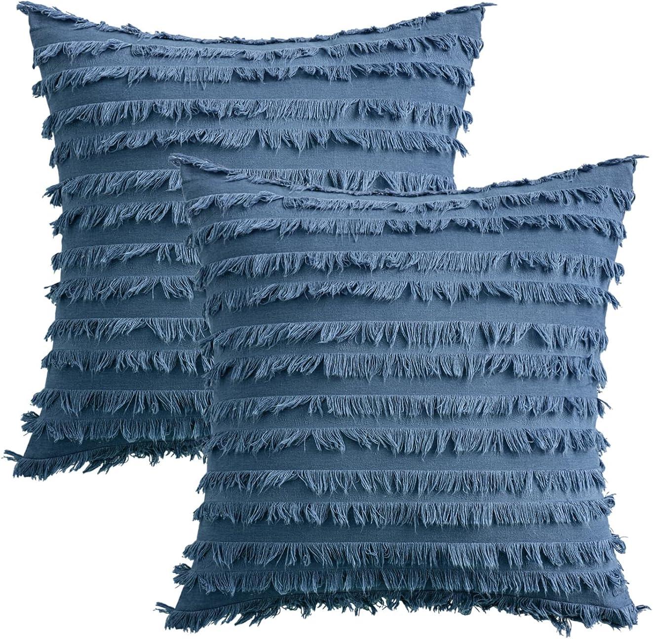 imageMIULEE Set of 2 Decorative Boho Throw Pillow Covers Linen Striped Jacquard Pattern Cushion Covers for Sofa Couch Living Room Bedroom 18x18 Inch RedDark Blue