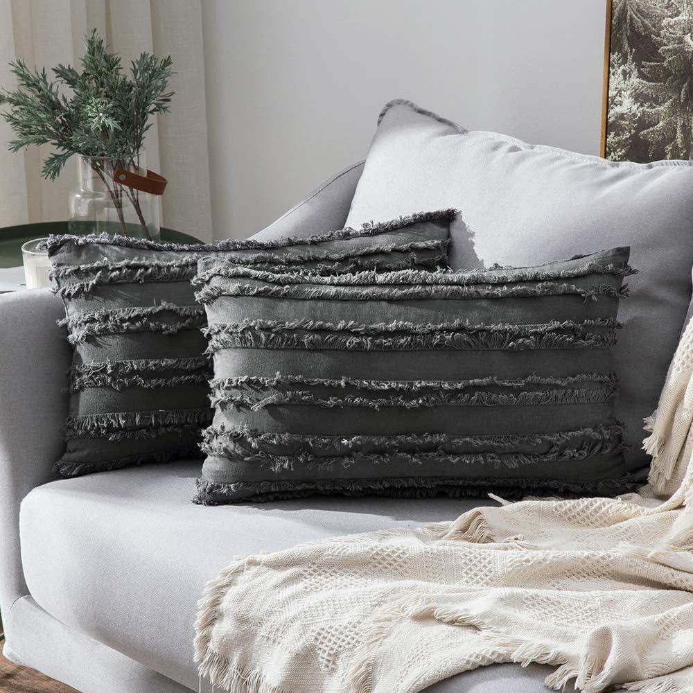 imageMIULEE Set of 2 Decorative Boho Throw Pillow Covers Linen Striped Jacquard Pattern Cushion Covers for Sofa Couch Living Room Bedroom 18x18 Inch RedDark Grey