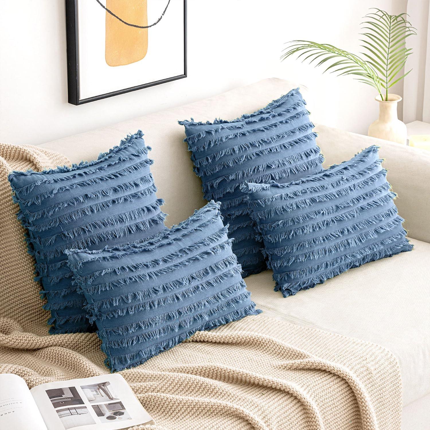 imageMIULEE Set of 2 Decorative Boho Throw Pillow Covers Linen Striped Jacquard Pattern Cushion Covers for Sofa Couch Living Room Bedroom 18x18 Inch RedDark Blue