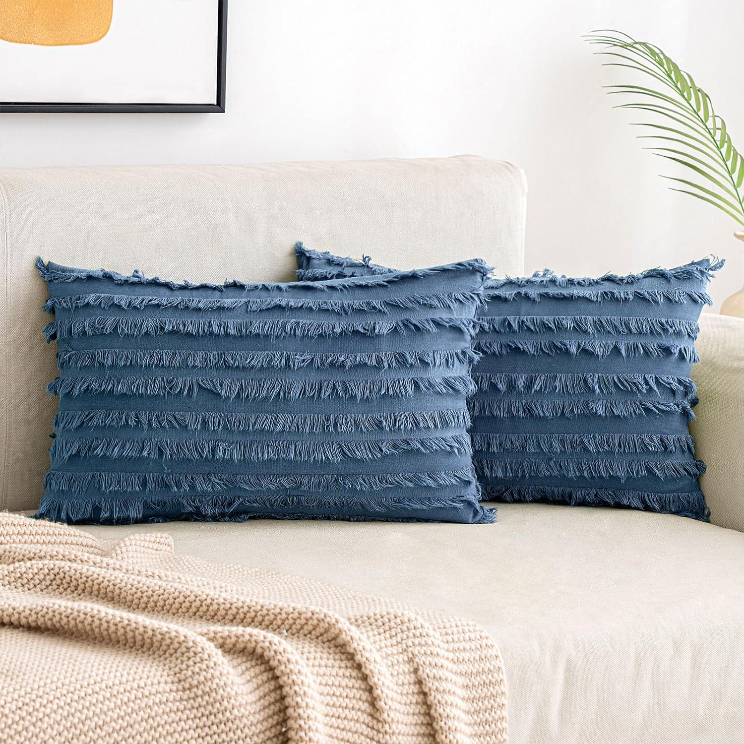 imageMIULEE Set of 2 Decorative Boho Throw Pillow Covers Linen Striped Jacquard Pattern Cushion Covers for Sofa Couch Living Room Bedroom 18x18 Inch RedDark Blue