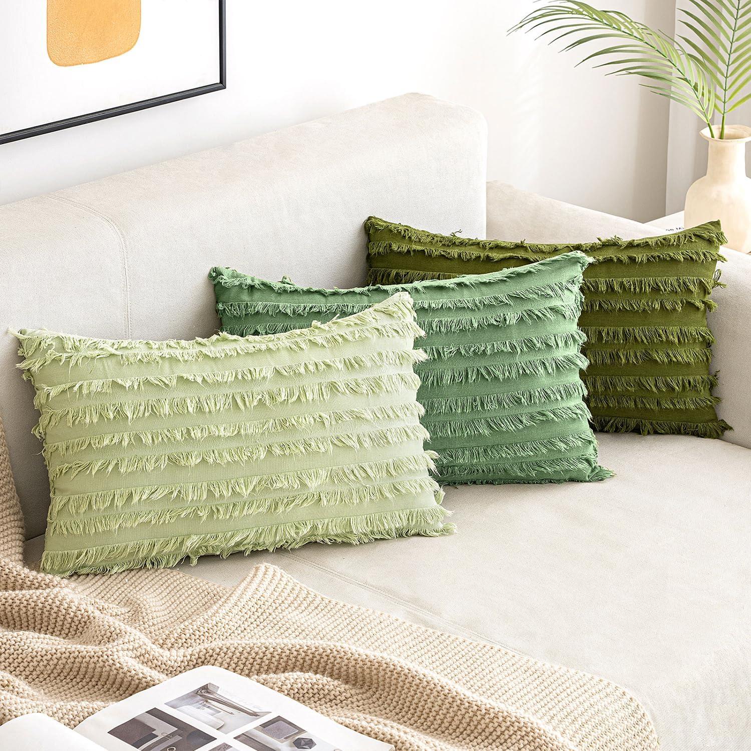 imageMIULEE Set of 2 Decorative Boho Throw Pillow Covers Linen Striped Jacquard Pattern Cushion Covers for Sofa Couch Living Room Bedroom 18x18 Inch RedGrass Green