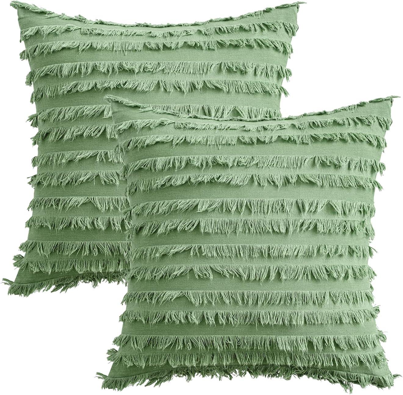 imageMIULEE Set of 2 Decorative Boho Throw Pillow Covers Linen Striped Jacquard Pattern Cushion Covers for Sofa Couch Living Room Bedroom 18x18 Inch RedGrass Green