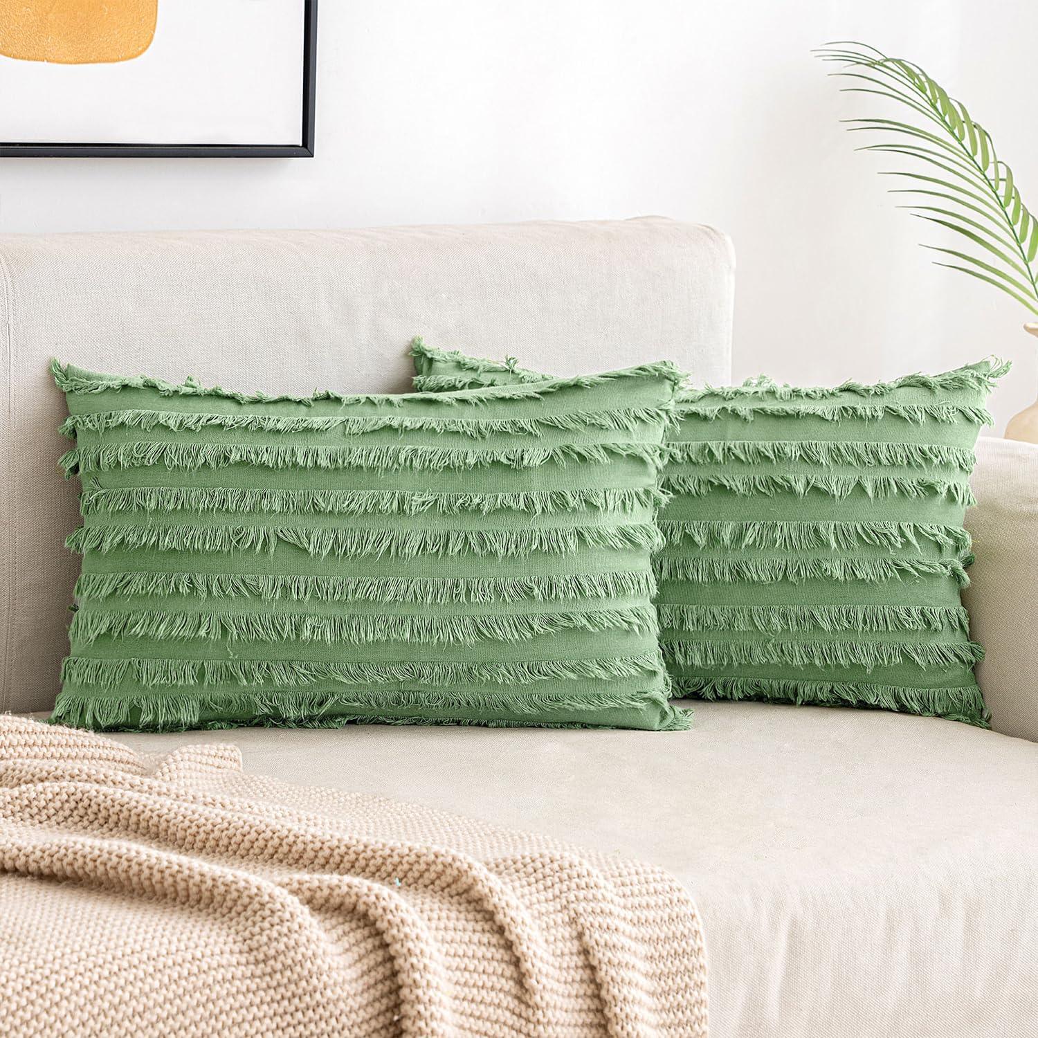 imageMIULEE Set of 2 Decorative Boho Throw Pillow Covers Linen Striped Jacquard Pattern Cushion Covers for Sofa Couch Living Room Bedroom 18x18 Inch RedGrass Green