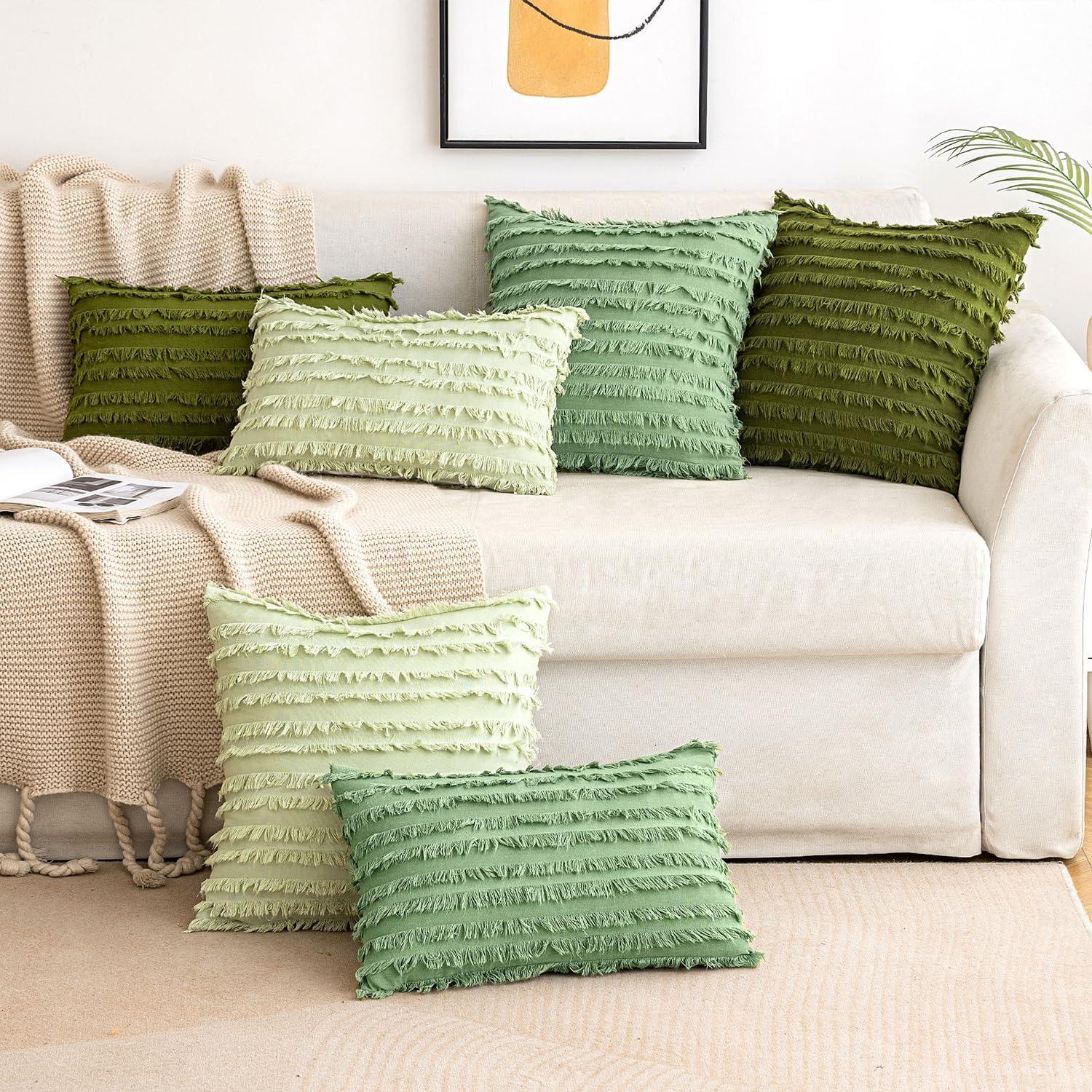imageMIULEE Set of 2 Decorative Boho Throw Pillow Covers Linen Striped Jacquard Pattern Cushion Covers for Sofa Couch Living Room Bedroom 18x18 Inch RedGrass Green