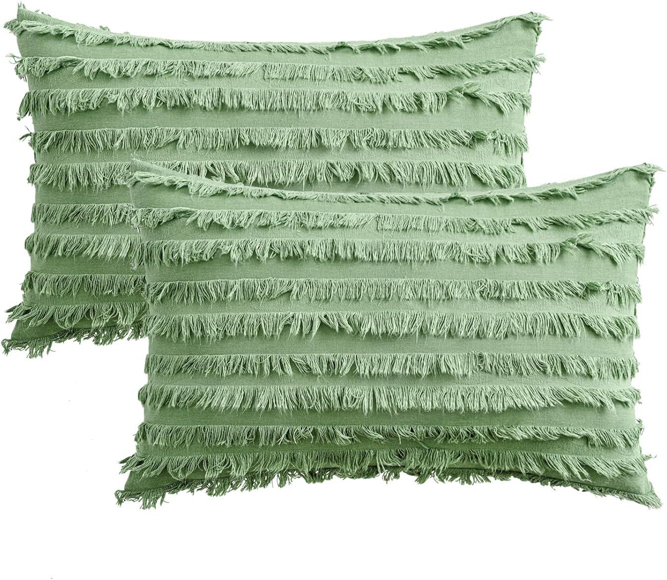 imageMIULEE Set of 2 Decorative Boho Throw Pillow Covers Linen Striped Jacquard Pattern Cushion Covers for Sofa Couch Living Room Bedroom 18x18 Inch RedGrass Green