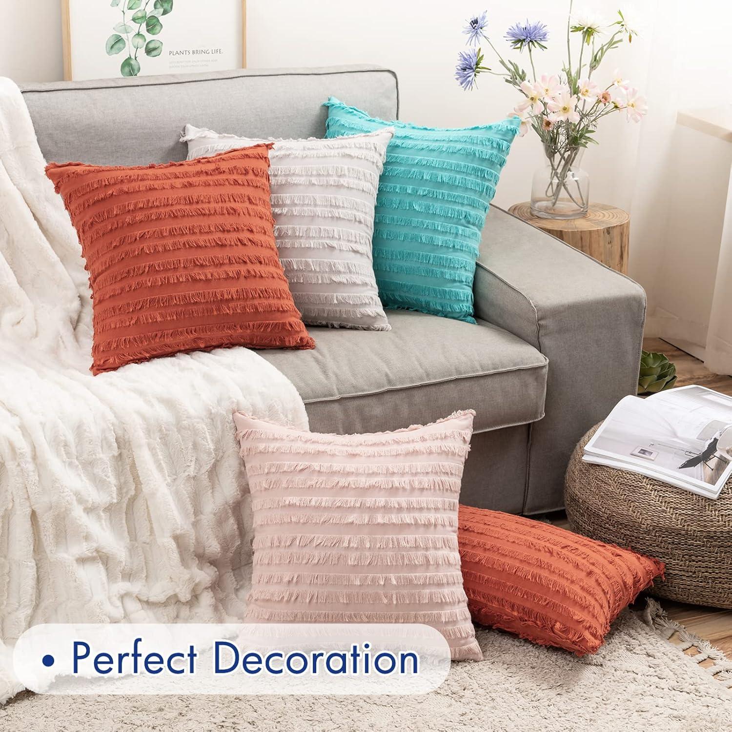 imageMIULEE Set of 2 Decorative Boho Throw Pillow Covers Linen Striped Jacquard Pattern Cushion Covers for Sofa Couch Living Room Bedroom 18x18 Inch RedGreyish White