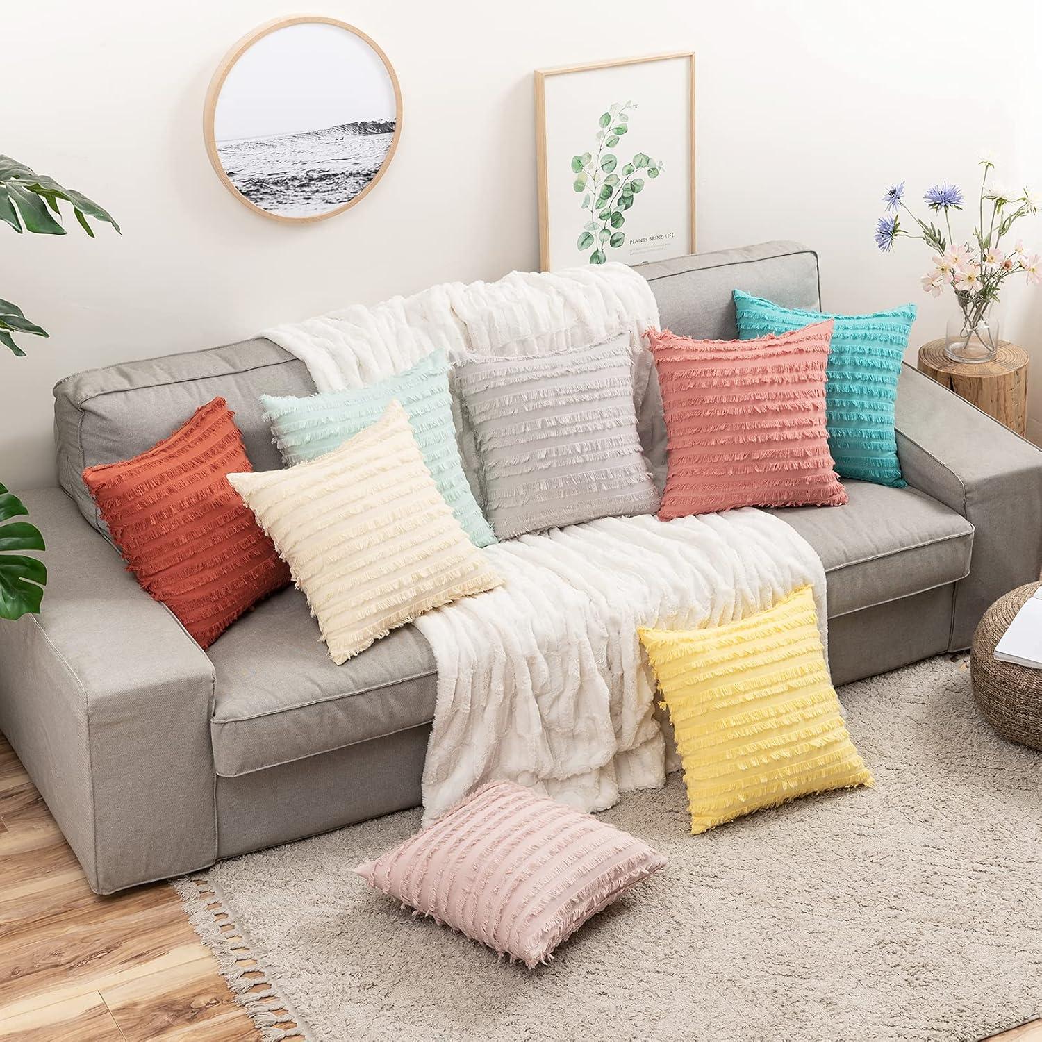 imageMIULEE Set of 2 Decorative Boho Throw Pillow Covers Linen Striped Jacquard Pattern Cushion Covers for Sofa Couch Living Room Bedroom 18x18 Inch RedGreyish White
