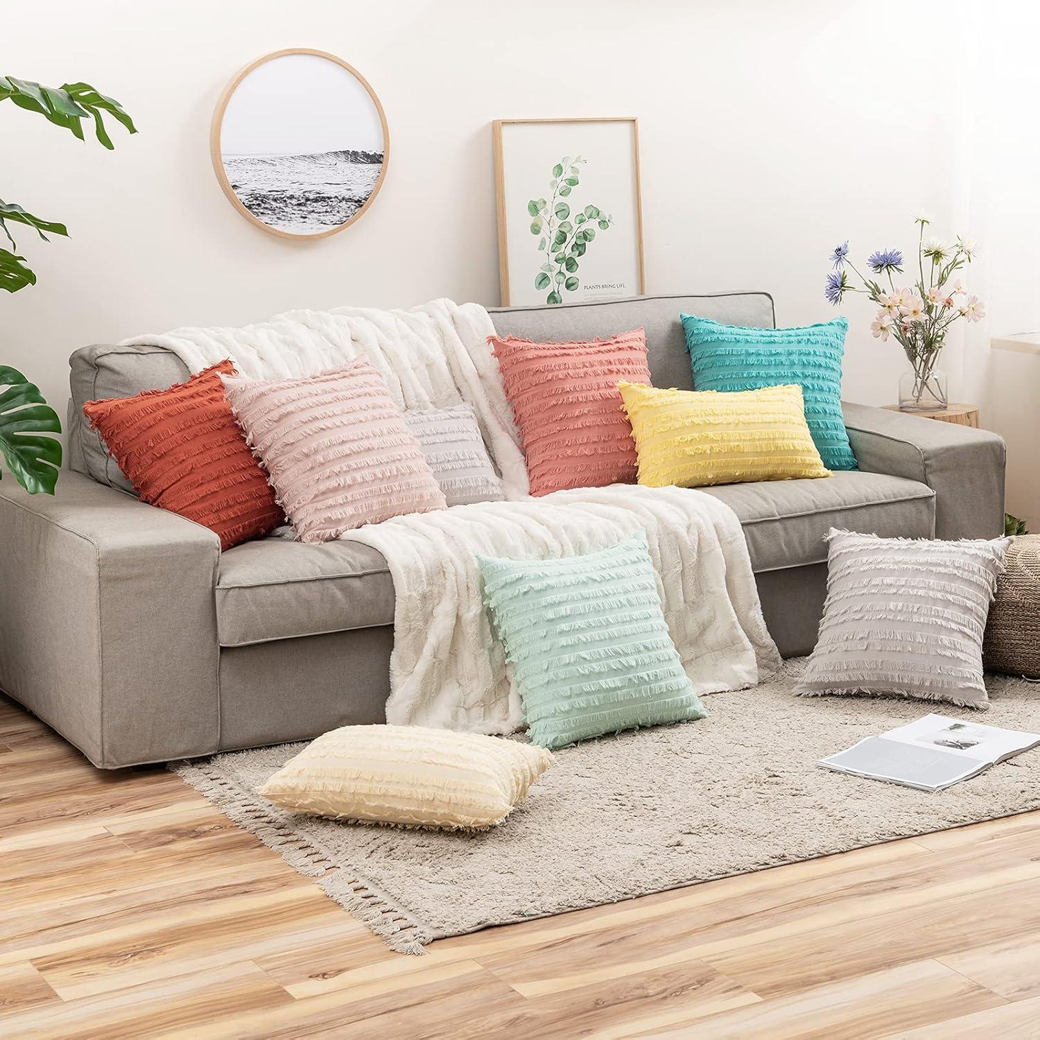 imageMIULEE Set of 2 Decorative Boho Throw Pillow Covers Linen Striped Jacquard Pattern Cushion Covers for Sofa Couch Living Room Bedroom 18x18 Inch RedGreyish White