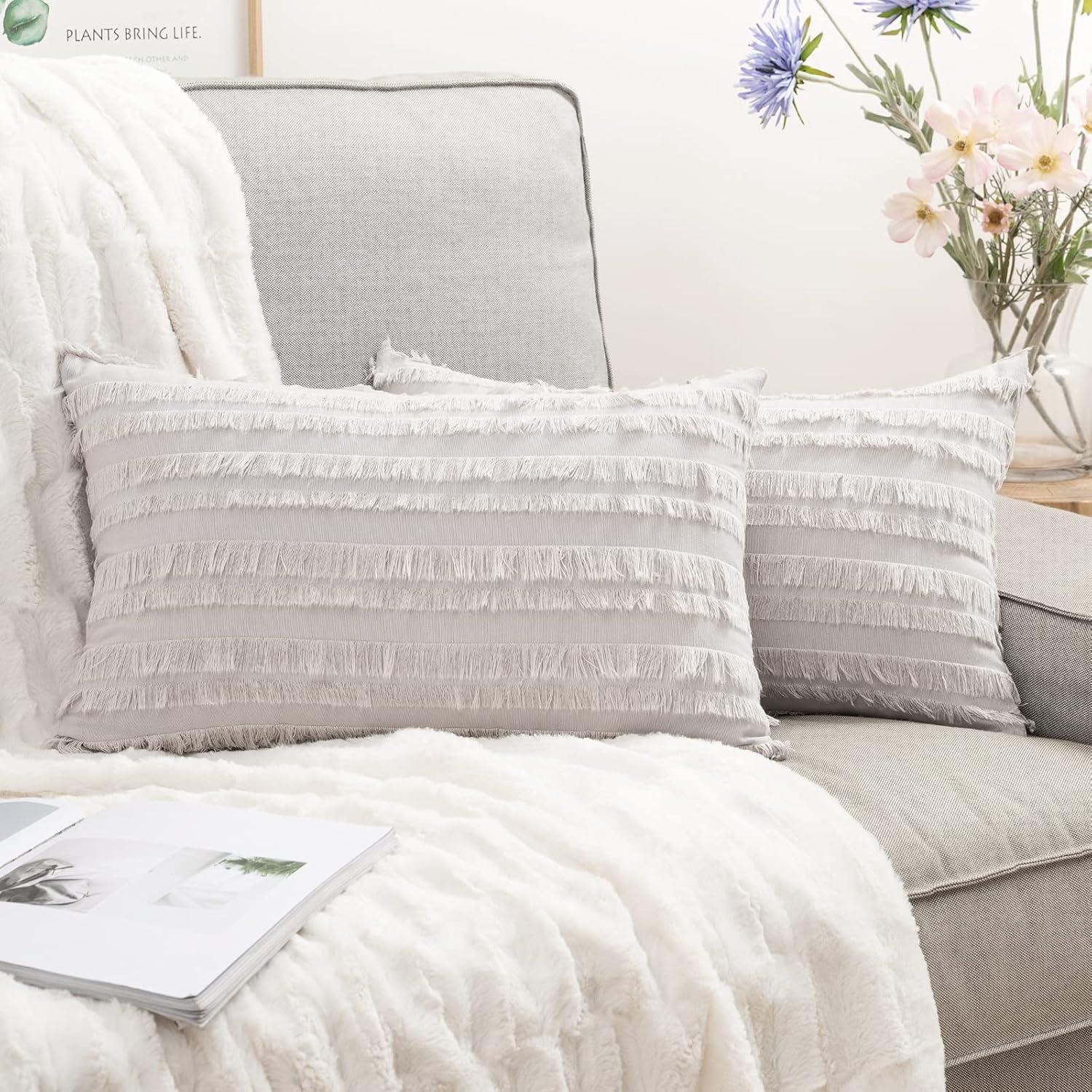 imageMIULEE Set of 2 Decorative Boho Throw Pillow Covers Linen Striped Jacquard Pattern Cushion Covers for Sofa Couch Living Room Bedroom 18x18 Inch RedGreyish White