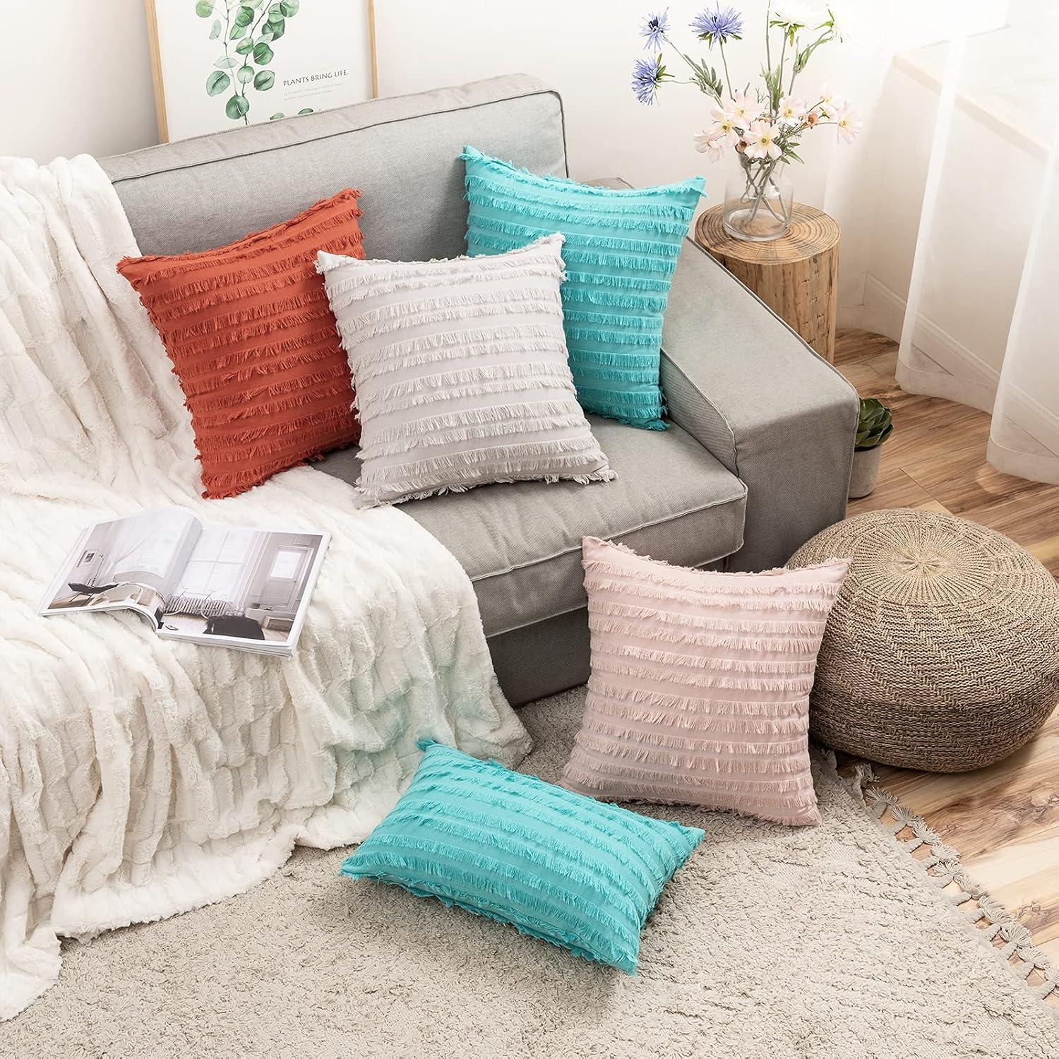 imageMIULEE Set of 2 Decorative Boho Throw Pillow Covers Linen Striped Jacquard Pattern Cushion Covers for Sofa Couch Living Room Bedroom 18x18 Inch RedGreyish White