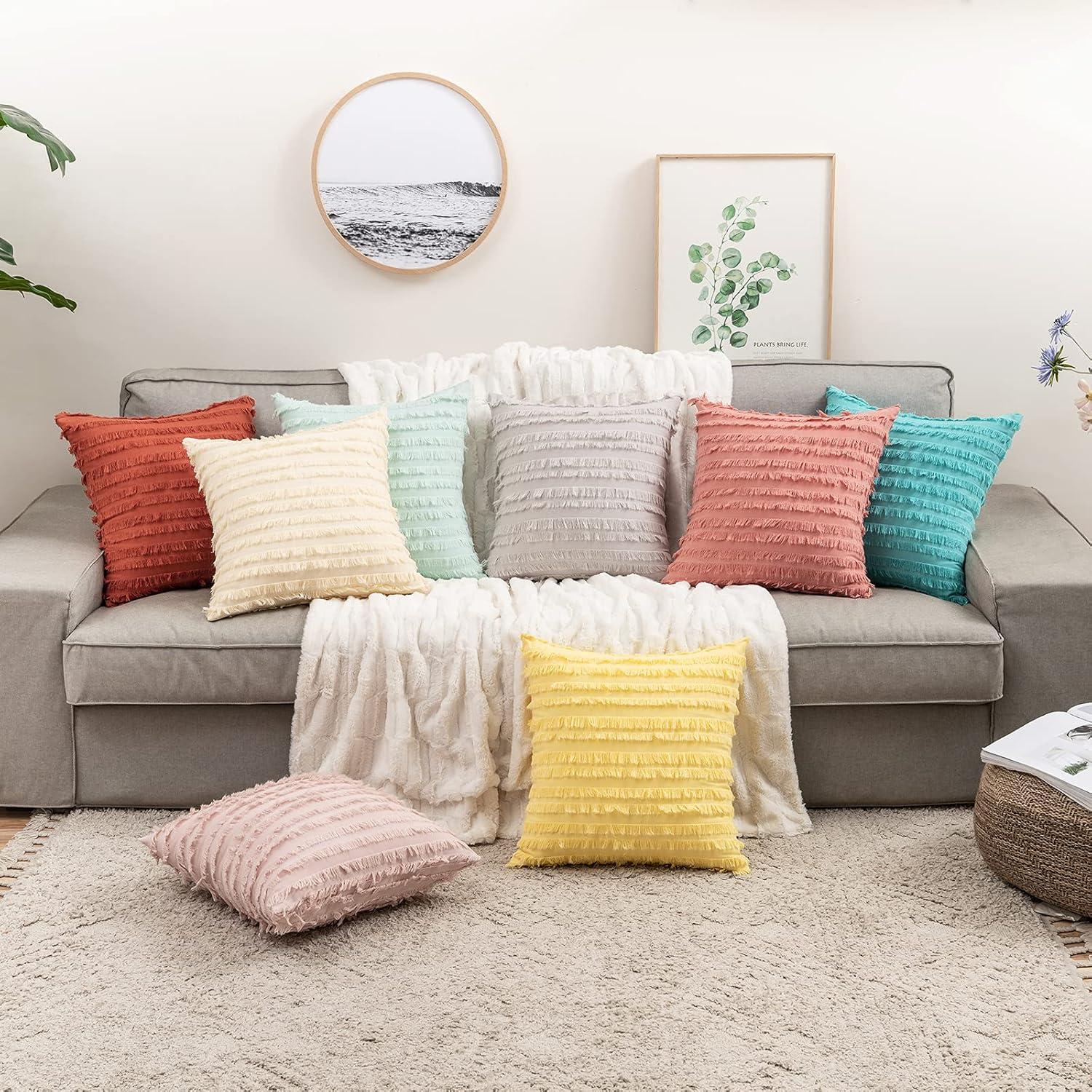 imageMIULEE Set of 2 Decorative Boho Throw Pillow Covers Linen Striped Jacquard Pattern Cushion Covers for Sofa Couch Living Room Bedroom 18x18 Inch RedGreyish White