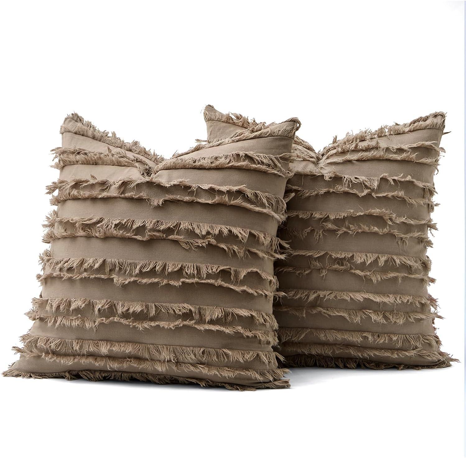 imageMIULEE Set of 2 Decorative Boho Throw Pillow Covers Linen Striped Jacquard Pattern Cushion Covers for Sofa Couch Living Room Bedroom 18x18 Inch RedKhaki